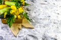 Assortment zucchini and zucchini flowers on chopping board on rustic background. Top view. Copy space Royalty Free Stock Photo