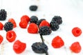 Assortmentof fresh berries. Raspberry and gooseberry on wooden surface. Fresh snack during summer time. Perfect image for school Royalty Free Stock Photo