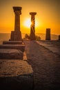 Assos Ancient City. Doric column Temple of Athena at sunset. Selective Focus. Behramkale, Canakkale, Turkey