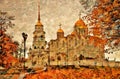Assumption cathedral in Vladimir, Russia. Artistic autumn collage