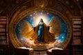 Assumption of Mary portrayed in a cosmic library, where celestial books unfold to reveal Mary\'s ascent into divine realms
