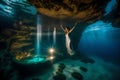 The Assumption of Mary in an underwater grotto, where ethereal aquatic.