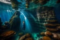 The Assumption of Mary in an underwater grotto, where ethereal aquatic.