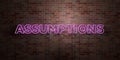 ASSUMPTIONS - fluorescent Neon tube Sign on brickwork - Front view - 3D rendered royalty free stock picture Royalty Free Stock Photo