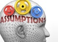 Assumptions and human mind - pictured as word Assumptions inside a head to symbolize relation between Assumptions and the human Royalty Free Stock Photo
