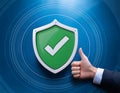 Assurance and confidence, featuring elements like a checkmark, shield, and thumbs up, symbolizing trust, security, and positive Royalty Free Stock Photo