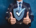 Assurance and confidence, featuring elements like a checkmark, shield, and thumbs up, symbolizing trust, security, and positive Royalty Free Stock Photo
