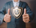 Assurance and confidence, featuring elements like a checkmark, shield, and thumbs up, symbolizing trust, security, and positive Royalty Free Stock Photo