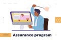 Assurance program online service landing page with man software tester at computer fixing bugs