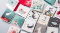 A stack of Christmascards each with a different festiv two generative AI Royalty Free Stock Photo