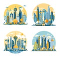 Astana city landscapes minimalist cartoon vector set. Skyscrapers kazakhstan capital buildings architecture modern