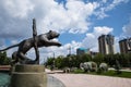 Astana, Kazakhstan, 27.08.2016 Animal stone statue jumping through the fire near Circus