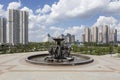 Astana, Kazakhstan, August 3 2018: Fountain in front of the National Museum and the Palace of Peace and Reconciliation