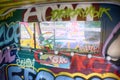 Old van decorated with graffiti and lights