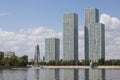 Astana, Kazakhstan, August 4 2018: Skyline of downtown Astana with modern skyscraper and Yesil River during the summer