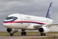 Astana, Kazakhstan - 05 02 2012: Flying display of a Sukhoi Superjet 100 at the Aeroindia Airshow Royalty Free Stock Photo