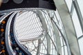 Glass roof with solar panels and levels floors of round Sphere modern building, view from below. Glass roof and walls. Museum `Ene