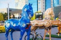 ASTANA, KAZAKHSTAN - JULY 25, 2017: Art installation with figures of horses painted in different ethnic ornament in Astana