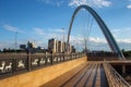 ASTANA, KAZAKHSTAN - JULY 25, 2017: Cityscape with modern bridge over the Ishim River in the center of Astana city.