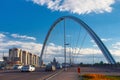 ASTANA, KAZAKHSTAN - JULY 25, 2017: Cityscape with road and modern bridge over the Ishim River in the center of Astana