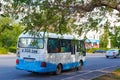 ASTANA, KAZAKHSTAN - JULY 25, 2017: Small public bus on the one of the central streets of town.