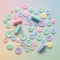 Astel-colored sewing buttons and spools of thread are scattered on a Royalty Free Stock Photo