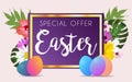 Aster sale banner background template with beautiful colorful spring flowers and eggs. Vector illustration. Royalty Free Stock Photo