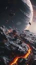Asteroid belt with fiery lava flow and distant planet in space Royalty Free Stock Photo