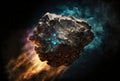 An asteroid with a blazing trail flying through space. Created with Generative AI Royalty Free Stock Photo