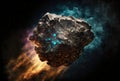 An asteroid with a blazing trail flying through space. Created with Generative AI
