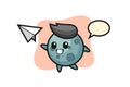 Asteroid cartoon character throwing paper airplane