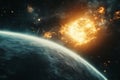 Asteroid collision 3d rendering of meteor impact on earth and its devastating effects