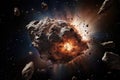 Asteroid Collision in Outer Space. Cosmic Catastrophe. Fiery explosion and flash. Flying comet or meteorite in space