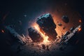 Space asteroid collision concept black and orange, explosive destruction with debris and rocks