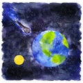 Asteroid comet flies to planet Earth. Solar system, satellite moon. Cosmos space clipart . Hand draw watercolor Royalty Free Stock Photo