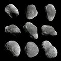 Asteroid comet set on black background. Dark stone pack asteroid in space. 3d render