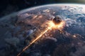 An asteroid crashing into earth, realistic, earth in the background, view from space