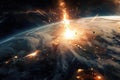 An asteroid crashing into earth, view from space, earth is visible with an explosion of light at impact point, realistic