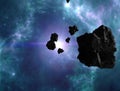 Asteroid and debris in the space. Big star in the background. Meteors. Sci-fi. Depth of space, other galaxies. Interstellar travel