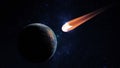 Asteroid, fall of comet to earth, Armageddon disaster, danger meteorite. Huge fiery comet is flying in space towards Earth. 3d