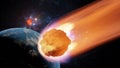 Asteroid, fall of comet to earth, Armageddon disaster, danger meteorite. Huge fiery comet is flying in space towards Earth. 3d