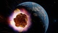 Asteroid, fall of comet to earth, Armageddon disaster, danger meteorite. Huge fiery comet is flying in space towards Earth. 3d Royalty Free Stock Photo