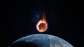 Asteroid, fall of comet to earth, Armageddon disaster, danger meteorite. Huge fiery comet is flying in space towards Earth. 3d