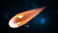 Asteroid, fall of comet to earth, Armageddon disaster, danger meteorite. Huge fiery comet is flying in space towards Earth. 3d