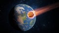 Asteroid, fall of comet to earth, Armageddon disaster, danger meteorite. Huge fiery comet is flying in space towards Earth. 3d Royalty Free Stock Photo