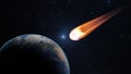 Asteroid, fall of comet to earth, Armageddon disaster, danger meteorite. Huge fiery comet is flying in space towards Earth. 3d