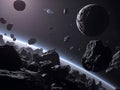 Asteroid Field Amongst Planets and Distant Rings Royalty Free Stock Photo