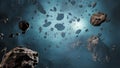 Asteroid field in a foggy atmosphere landscape. Spacescape 3D rendering illustration Royalty Free Stock Photo