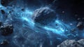 Asteroid field with glowing rings, space rocks and cosmic dust for science fiction background use case Royalty Free Stock Photo