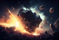 Asteroid with fire in space,asteroids belt, minor or dwarf planet in solar system, meteoroid formation, generative AI